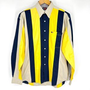 AVALON COLLECTION Vintage 90s Colorblock Button Down Striped Shirt M Yellow Navy